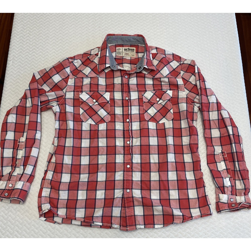 Urban Pipeline Mens Red Plaid Long Sleeve Snap Down Western Shirt Large